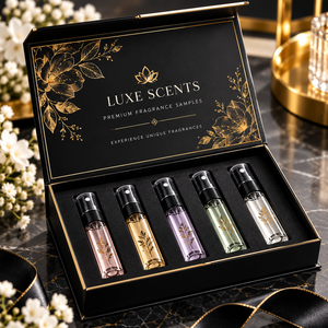 Exclusive Fragrance Sample Set 6pc Colorful Glass Bottles Magnetic Closure <b>Pink</b> Floral Box Gold Foil Logo Rigid Cosmetic Gift - Product Image 2