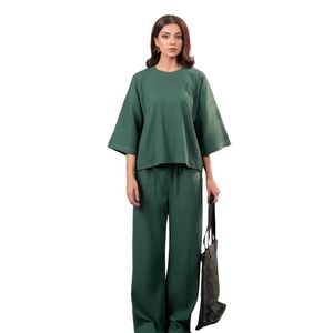 Ensemble de détente deux pièces vert forêt pour femme, haut ample à manches courtes et pantalon large assorti, vêtements décontractés, fabricant OEM sur mesure - Product Image 1