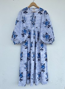 Vestido Maxi de Algodón con Estampado Floral Azul y Blanco para Mujer, Manga 3/4, Cuello con Lazo, Estilo Boho, para Verano, Festividades, Picnic y Vacaciones, Corte Holgado - Product Image 3