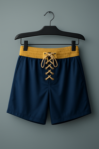 Shorts de boxe bleu marine pour hommes avec ceinture jaune et laçage sur le devant, vêtements de sport confortables en polyester pour toutes les saisons - Product Image 1