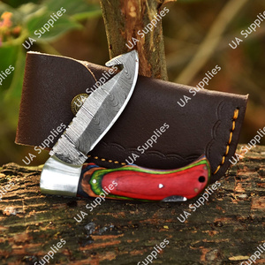 Cuchillo Plegable Multifuncional de Supervivencia al Aire Libre de Acero de Damasco Hecho a Mano con Gancho para Deshuesar, Mango de Madera Pakka, Bisel OBM y Funda de Cuero - Product Image 4