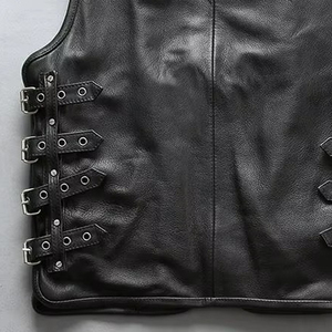 Premium Men's Genuine Leather <b>Utility</b> <b>Vest</b> - Multi-Pocket Biker Waistcoat with Buckle Hardware - Product Image 3