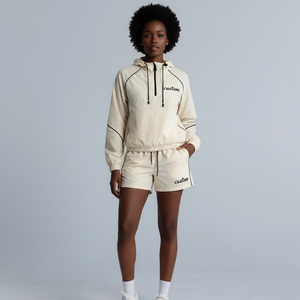 Custom Logo Women's <b>2</b>-Piece Hooded Shorts Set Solid Color Breathable Sporty Above Knee Crop <b>Top</b> and Shorts Regular Fit Summer - Product Image 1
