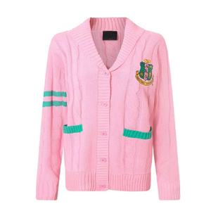 เสื้อคาร์ดิแกนคอวีสีชมพู แขนยาว ผ้าถักอะคริลิคสีพื้น ปักโลโก้ สำหรับฤดูใบไม้ร่วงและฤดูหนาว เสื้อสเวตเตอร์สำหรับกลุ่มเพื่อนร่วมงาน ใส่ได้ทั้งชายและหญิง - Product Image 1