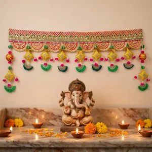Elegant Indian Bandhanwar <b>Door</b> Hanging with Gold Embroidery Colorful Tassels <b>Beaded</b> Charms and Festive Decoration - Product Image 3