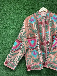Artisan Pink Suzani <b>Velvet</b> <b>Jacket</b> Multicolor Floral Embroidery Stand Collar Bohemian Vintage <b>Women</b> Outerwear - Product Image 2
