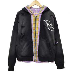 Custom Vintage <b>Crop</b> 100% Cotton <b>Zip</b> <b>Up</b> Distressed Embroidery Patch Acid Wash Hoodie Men - Product Image 1