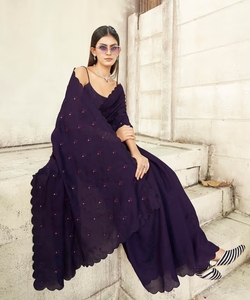Sari morado KV bordado con blusa sin coser - Product Image 5