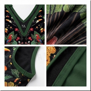 Women's Tropical Print Swimdress Deep V Neck Asymmetric Wrap Skirt Stretch Bodysuit Floral Pattern Green - Product Image 4