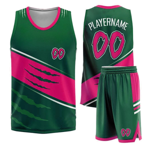 Ensemble de maillots de basket-ball sublimés personnalisés vert rose col en V sans manches anti-transpiration pour adultes unisexe vêtements d'équipe - Product Image 4