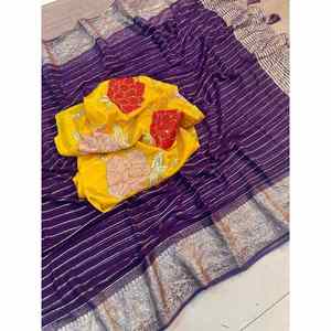 CRÉATEUR GEORGETTE TISSANT TRAVAIL SAREE AVEC SÉQUENCE BRODERIE BLOUSE DE TRAVAIL VIOLET - Product Image 1