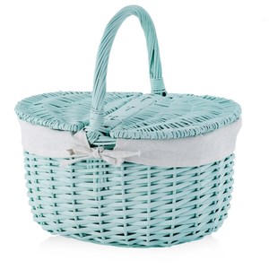Cesta de Picnic Ovalada de Mimbre Verde Menta con Asa, Cesta de Almacenamiento de Alimentos Tejida a Mano Estilo Vintage, Forro de Tela Blanca, para Campamento al Aire Libre - Product Image 1
