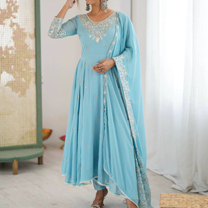 Premium Readymade Gown-dupatta Set Fendy Satin With <b>Sequins</b> & Zari Embroidered Work - Product Image 1