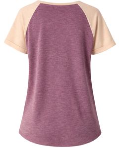 T-shirt pour femme beige bordeaux à manches courtes, col Henley, manches raglan, coton doux, décontracté, haut d'été confortable, à porter au quotidien, élégant - Product Image 2