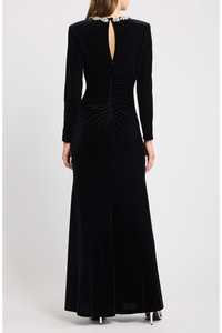 Robe de soirée fourreau en mousseline noire, asymétrique à une épaule, à manches longues, froncée, avec fente, traîne chapelle, ornée de paillettes, longueur ras du sol - Product Image 3