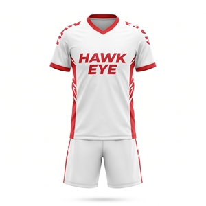 Maillot de football pour homme Hawk Eye, blanc et rouge, col en V, manches courtes, évacuation de l'humidité, extensible dans quatre directions, respirant, polyester, uniforme - Product Image 1