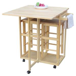 Carrito de comedor plegable cuadrado natural de madera maciza con 2 taburetes gratis, islas y carros de cocina - Product Image 1