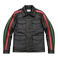 Veste en cuir véritable unisexe noire avec manches rayées rouge et vert, 4 poches, fermeture éclair, style trucker vintage, vêtement d'extérieur, logo personnalisé O