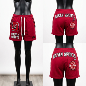Shorts en molleton de coton premium 300 GSM pour femme, taille élastique douce, rouge, avec logo brodé personnalisé, design imprimé. - Product Image 5