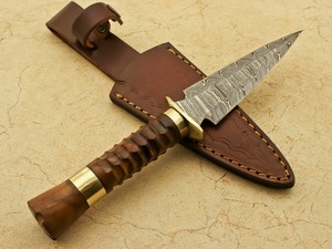 Cuchillo de Caza de Hoja Fija de Acero de Damasco OEM Personalizado, Multifuncional para Camping al Aire Libre, con Funda de Cuero, Punta de Lanza y Borde Biselado DIY - Product Image 3