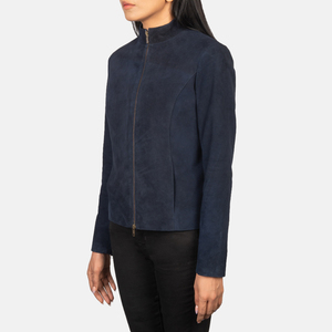 Women's Navy Blue <b>Suede</b> Moto <b>Jacket</b> Full Sleeve Stand Collar Zipper Closure Autumn Style Sample Service available - Product Image 4