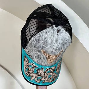 Nouvelle Arrivée 2026 Casquette de baseball snapback unisexe à visière courbée en cuir de vachette repoussé avec patch motif taureau et maille, style casquette de camionneur et chapeau de sport - Product Image 2