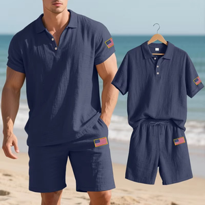 Conjunto de Camiseta Polo y Pantalones Cortos de Algodón Blanco para Hombre, Bordado con la Bandera de EE. UU., Ropa Casual de Verano - Product Image 3