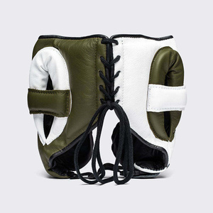 Casque de boxe en cuir PU, protection sportive unisexe pour adulte, fermeture à lacets, couleur olive et blanc uni - Product Image 5