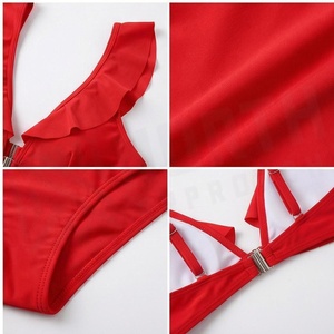<b>Red</b> Ruffled Bikini Set With Hollow Out High Waist Bottoms Women's Swimwear Two Piece Solid Color Stretch <b>Swim</b> <b>Suit</b> - Product Image 4