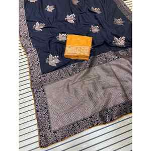 DESIGNER DOLA SOIE SAREE TRAVAIL DE TISSAGE RICH PALLU AVEC BORDURE SAREE AVEC CHEMISIER NON COUDU NOIR - Product Image 3