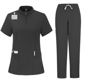 Ensemble de blouses en satin unisexe gris foncé à manches courtes avec col zippé et pantalon, uniformes d'hôpital pour usage médical et infirmier - Product Image 3