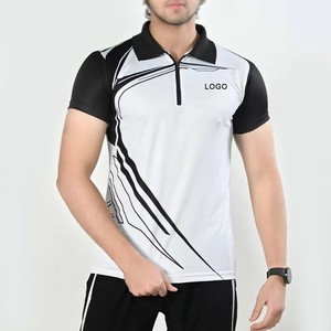 Polo à manches courtes pour homme, imprimé géométrique blanc et noir, séchage rapide, en polyester tricoté, style sportif, logo sur le devant - Product Image 1