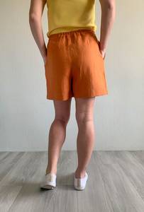 Shorts en lin orange pour femme, taille mi-haute élastique, décontracté, respirant, coupe régulière avec poches, couleur unie, tissu tissé - Product Image 1