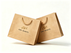 Sac de shopping en papier kraft Eddy Monetti avec logo estampé or, poignée en corde de coton, style classique, sac plat standard recyclable - Product Image 1
