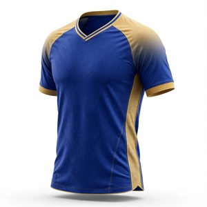 Maillot de football respirant à manches courtes pour homme en polyester, bleu roi et or ombré, col en V, imprimé par sublimation, coupe raglan en maille - Product Image 3