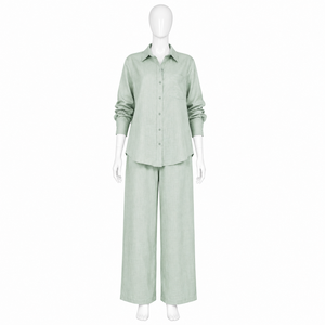 Ensemble coordonné deux pièces pour femmes, chemise à manches longues boutonnée, pantalon large, tenue décontractée légère |   Ensembles décontractés pour tous les jours - Product Image 1