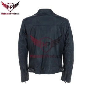 Chaqueta de Cuero Azul Marino para Hombre, Corte Ajustado, Estilo Motero, Chaqueta de Cuero Vacuno, Costuras en los Hombros, Prenda Clásica de Invierno Personalizada - Product Image 4