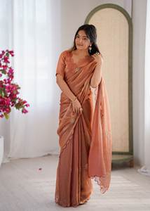 Sari de satén Fendi de diseño exquisito con elegante trabajo de cuentas bordadas y blusa bordada a juego para uso en bodas de alta gama - Product Image 2