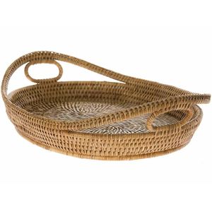Handmade Woven Rattan Decorative Tray Oval Shape With Handle Bohemian Style Plant Fiber Craft For <b>Home</b> Decoration - Product Image 1