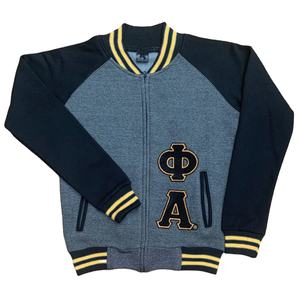 Chaqueta universitaria de forro polar Alpha Phi Alpha gris oscuro con letras griegas bordadas en chenilla y ribete negro y dorado - Product Image 1