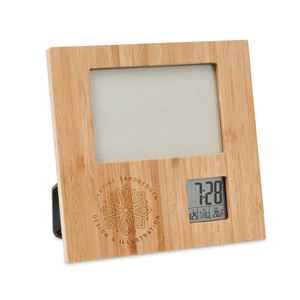 Horloge numérique carrée en bambou et station météo avec cadre photo, fonctionne sur piles, horloge de bureau minimaliste avec affichage de la température et alarme - Product Image 2