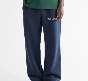 Pantalon large vintage bleu foncé pour homme, taille élastique, en lin/coton, décontracté, automne, imperméable, respirant, poids moyen, devant plat - Product Image 1