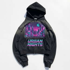 Sudadera con capucha personalizada de felpa francesa con gráficos y remaches, de algodón de alto gramaje, con cremallera, efecto vintage lavado ácido, descolorida por el sol, corta y con pedrería - Product Image 6