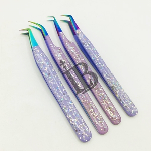 <b>Top</b> Trend Sustainable Stainless Steel Eyelash Extensions Tweezers Purple Glitter Tweezers 45 Degree Curved Eyelash Tweezers - Product Image 6