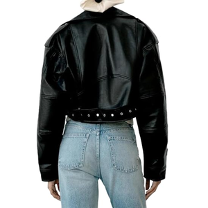 <b>Women</b>’s Faux Leather Cropped Biker <b>Jacket</b>, Lapel <b>Zip</b>-<b>Up</b> Short Coat with Belt, Slim Fit Motorcycle-Style Outerwear - Product Image 6