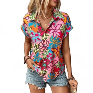 Camisa de playa de manga corta para mujer, con botones, informal, holgada, para verano - Product Image 1
