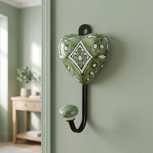Handmade Ceramic Heart Wall Hook With Green Pattern Single Hook For <b>Clothing</b> Vintage Style - Product Image 2