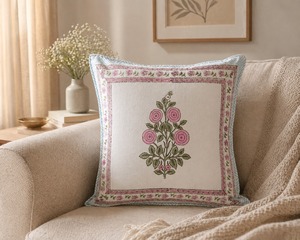 Premium Cotton Hand Block Cushion <b>Cover</b> with Pink Floral Motif Decorative <b>Sofa</b> Pillow <b>Cover</b> <b>for</b> Home Decor - Product Image 1