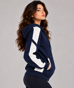 Sudadera con capucha de forro polar para mujer, personalizada, azul marino, con cremallera completa, bloques de color y rayas en contraste, estilo streetwear 2026 - Product Image 3