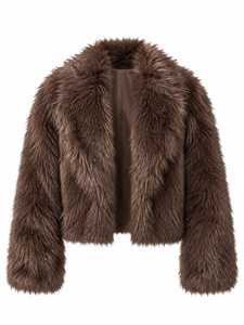 Abrigo Corto de Piel Sintética Marrón con Cuello de Solapa Peludo, Ropa de Invierno Cálida para Mujer - Product Image 1